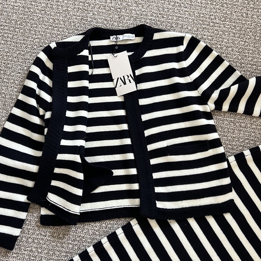 Zara Knit Cardigan Skirt Set Navy Blue White Stripes S - Picture 2 of 7